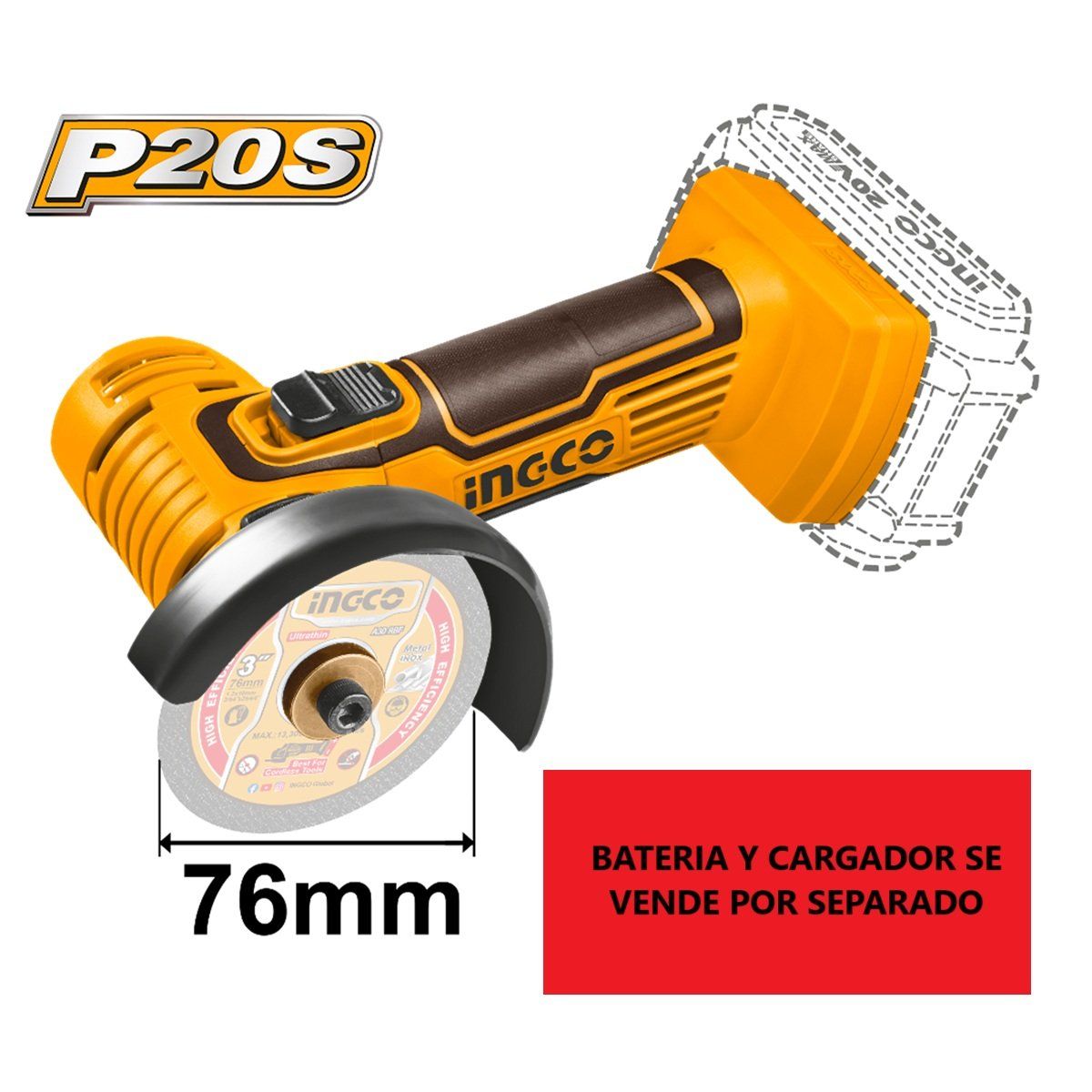 INGCO TOOLS - Mini Amoladora 76mm 20V + 7 DISCOS INGCO CAGLI7601