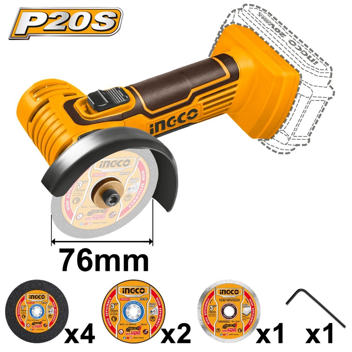 INGCO TOOLS - Mini Amoladora 76mm 20V + 7 DISCOS INGCO CAGLI7601