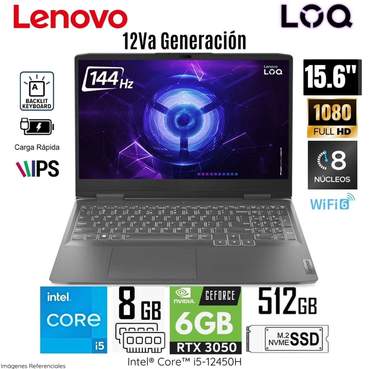 LENOVO - Laptop Lenovo LOQ 15IRH8 Intel Core i5-12450H 8GB RAM 512GB SSD 15.6"  FHD RTX3050-6GB - 82XV00T8LM