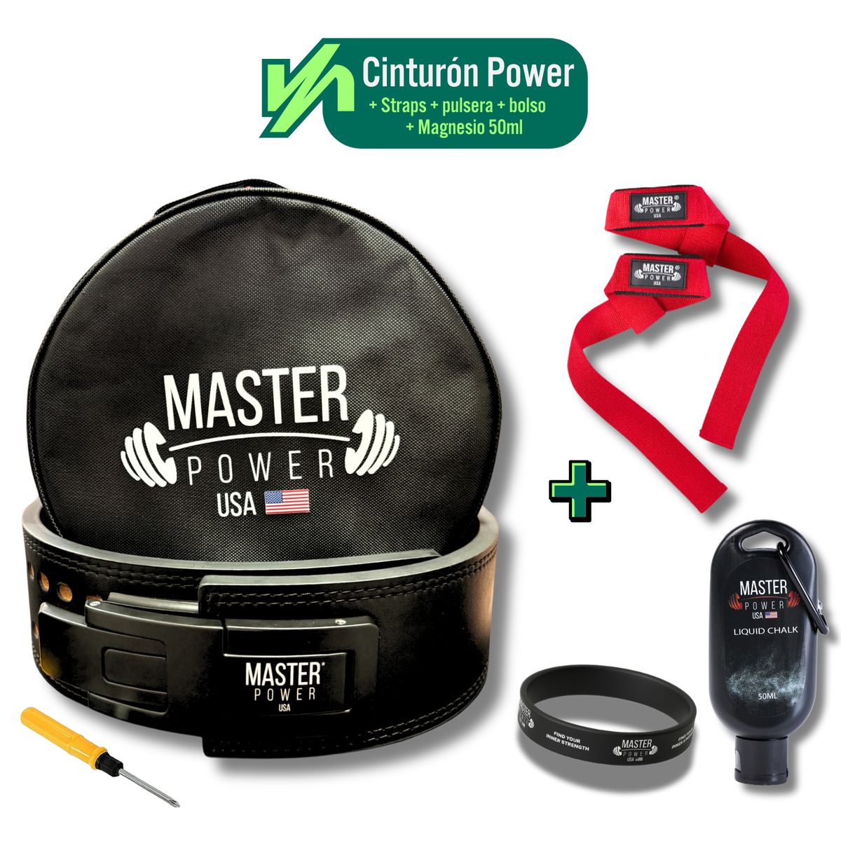 MASTERPOWER - CINTURON  - MASTER POWER  + STRAPS ROJO + MAGNESIO 50ML