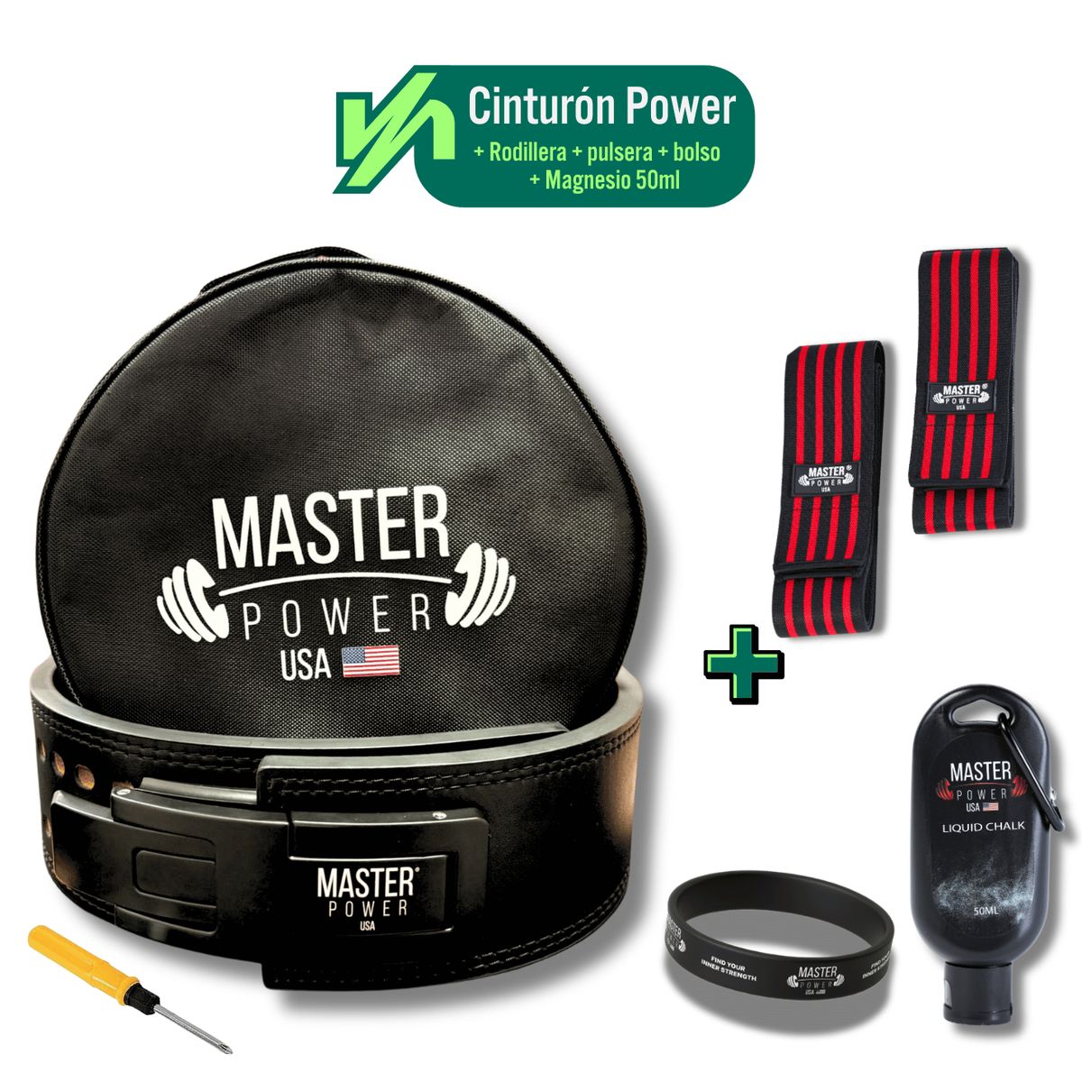 MASTERPOWER - CINTURON  - MASTER POWER  + RODILLERA ROJA + MAGNESIO 50ML