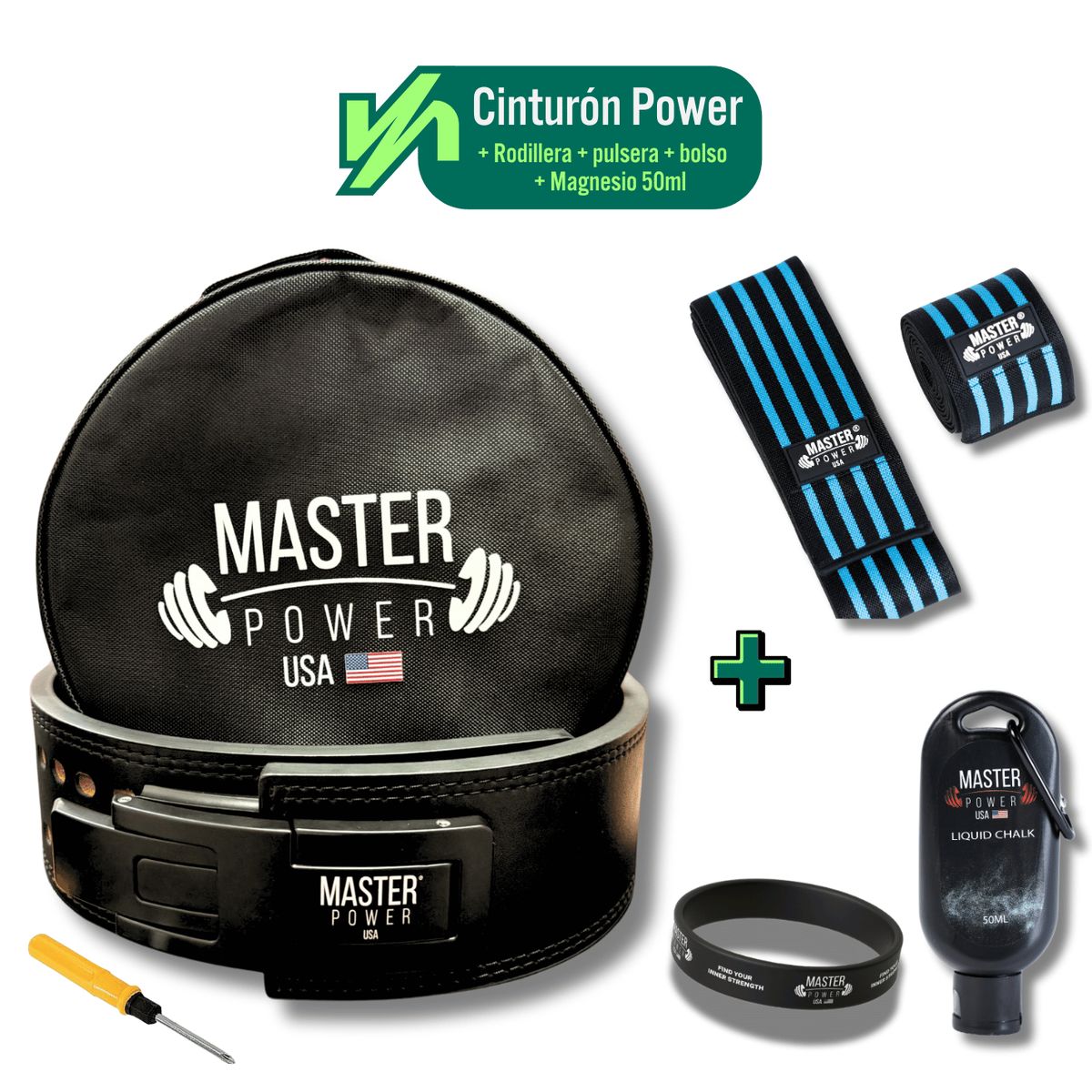 MASTERPOWER - CINTURON  - MASTER POWER  + RODILLERA CELESTE+ MAGNESIO 50ML