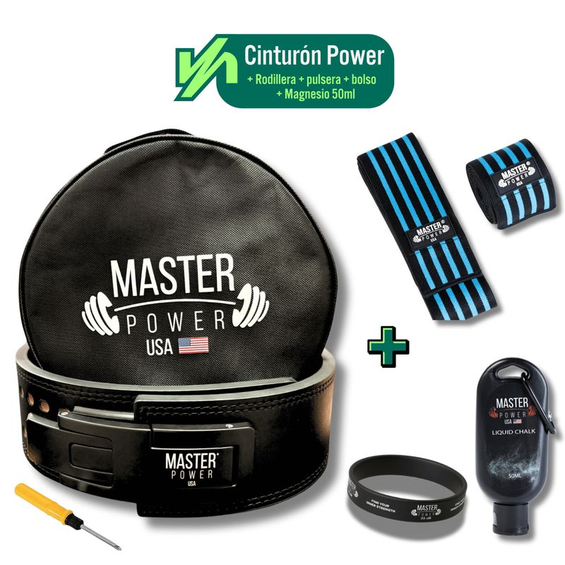 MASTERPOWER - CINTURON  - MASTER POWER  + RODILLERA CELESTE+ MAGNESIO 50ML