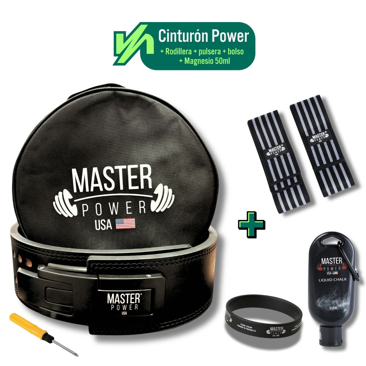 MASTERPOWER - CINTURON  - MASTER POWER  + RODILLERA GRIS+ MAGNESIO 50ML