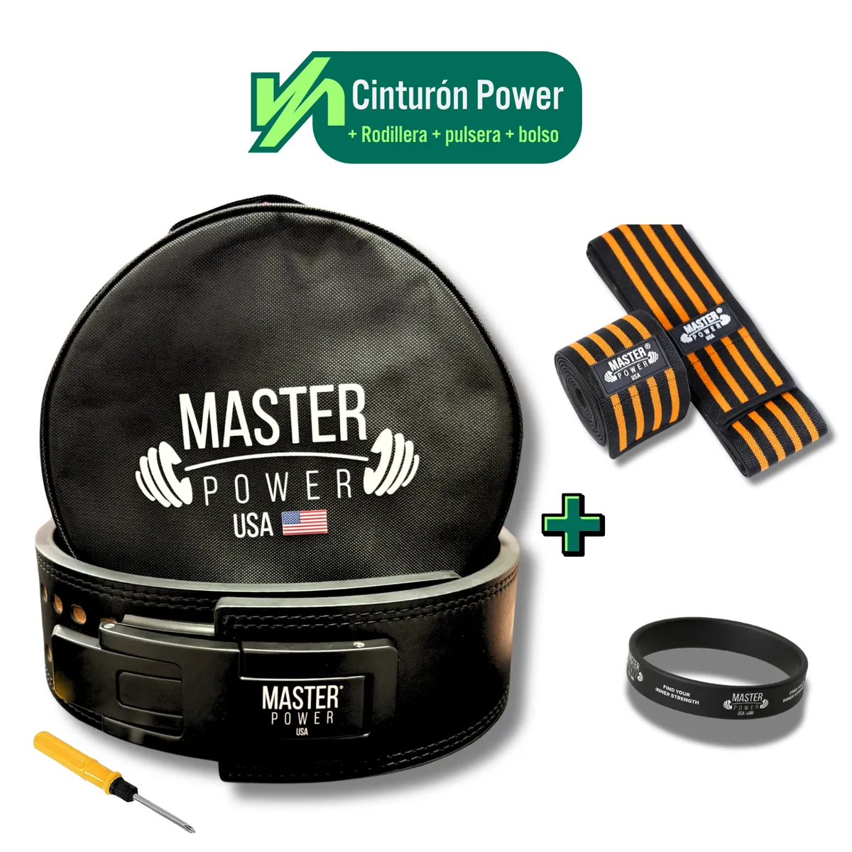 MASTERPOWER - CINTURON  - MASTER POWER + RODILLERA  NARANJA+ PULSERA