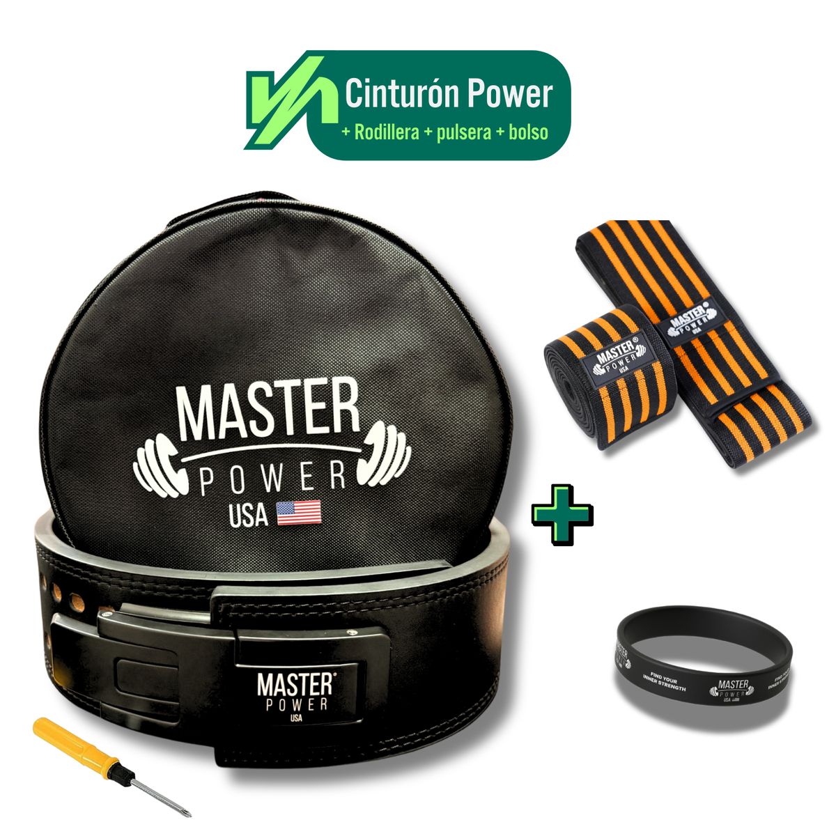 MASTERPOWER - CINTURON  - MASTER POWER + RODILLERA  NARANJA+ PULSERA