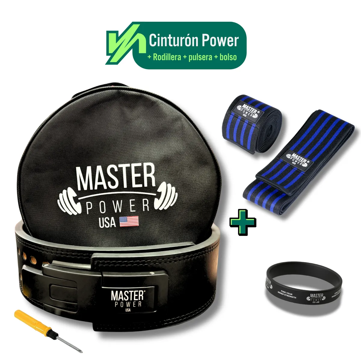 MASTERPOWER - CINTURON  - MASTER POWER + RODILLERA AZUL + PULSERA