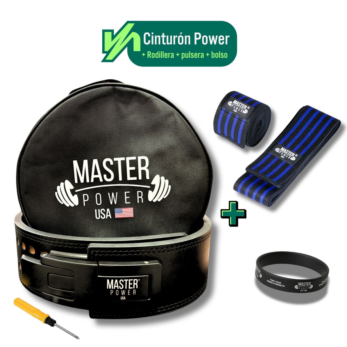 MASTERPOWER - CINTURON  - MASTER POWER + RODILLERA AZUL + PULSERA