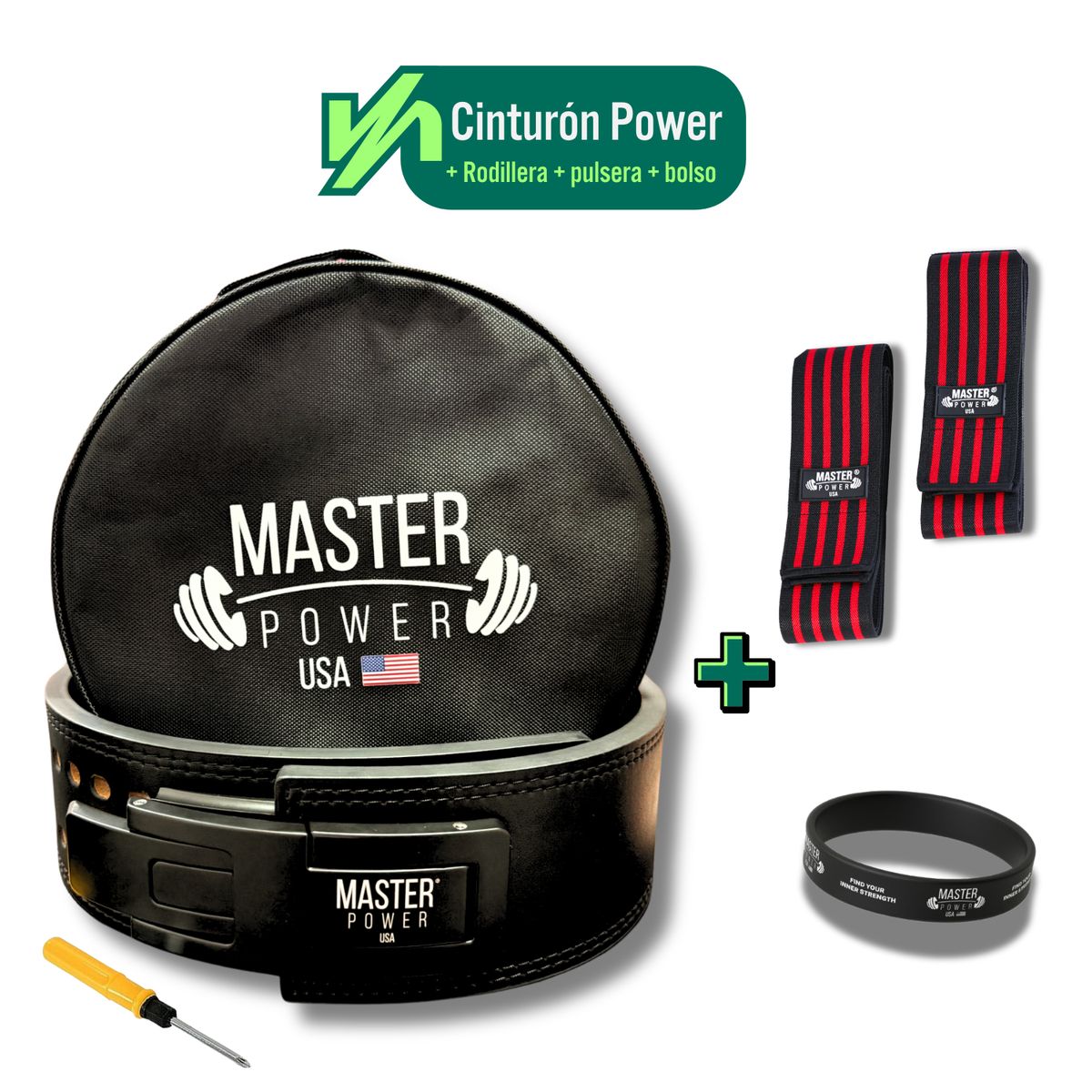 MASTERPOWER - CINTURON  - MASTER POWER + RODILLERA ROJA + PULSERA