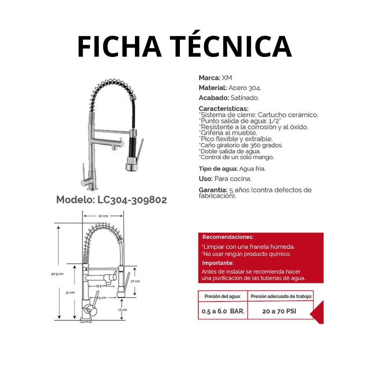 XM - Llave ganso para cocina para agua fría LC 304-309802 Plateado