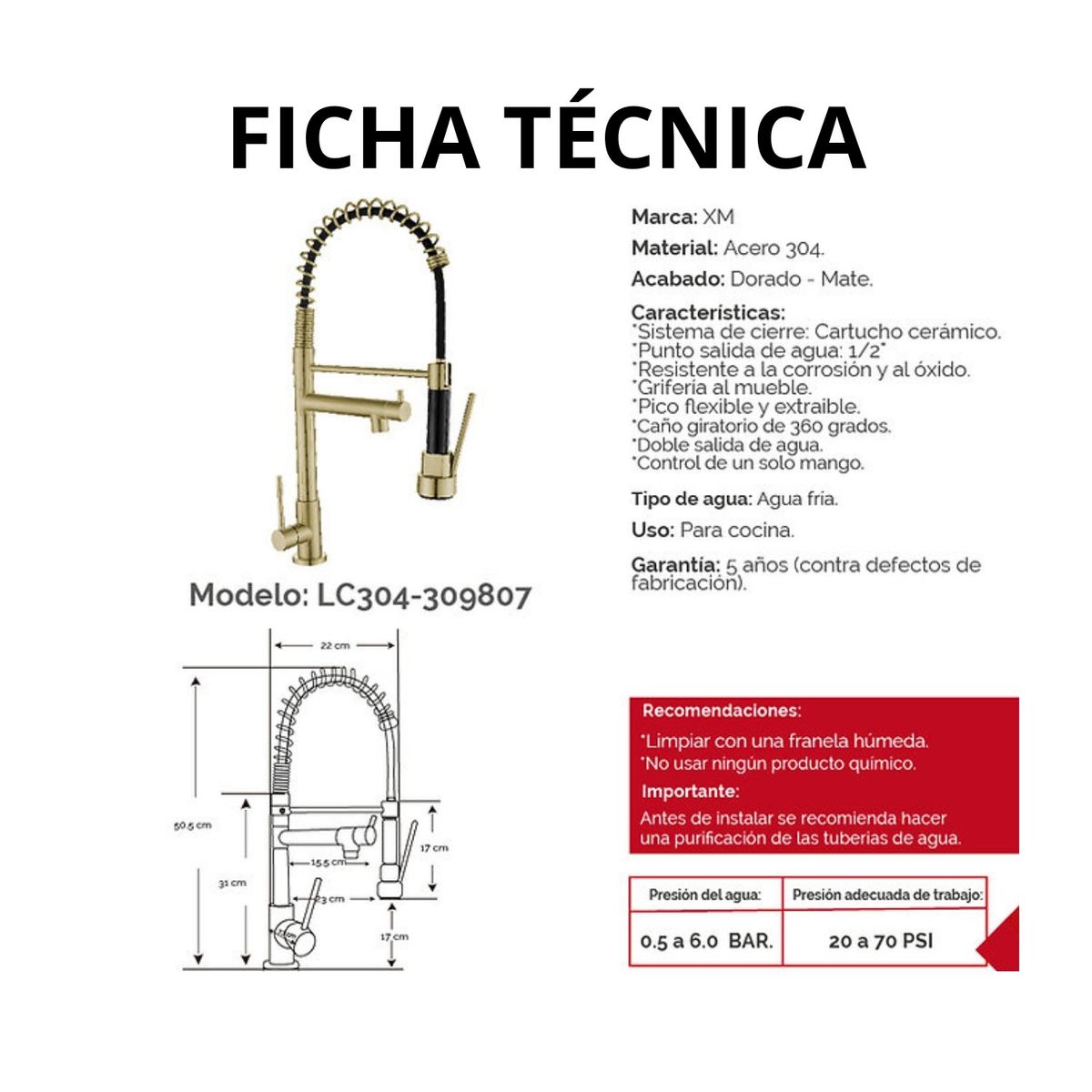 XM - Llave ganso para cocina para agua fría LC 304-309807 Dorado Nano