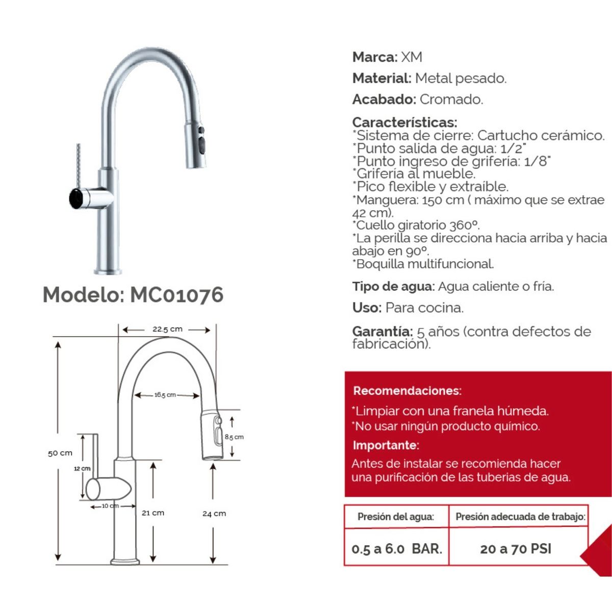 XM - Monocomando para Cocina MC01076 Cromado