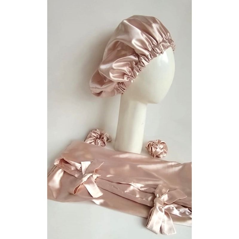 GENERICO - GORRO PARA DORMIR DE SATIN POR LOS DOS LADOS + FUNDA DE ALMOHADA NUDE