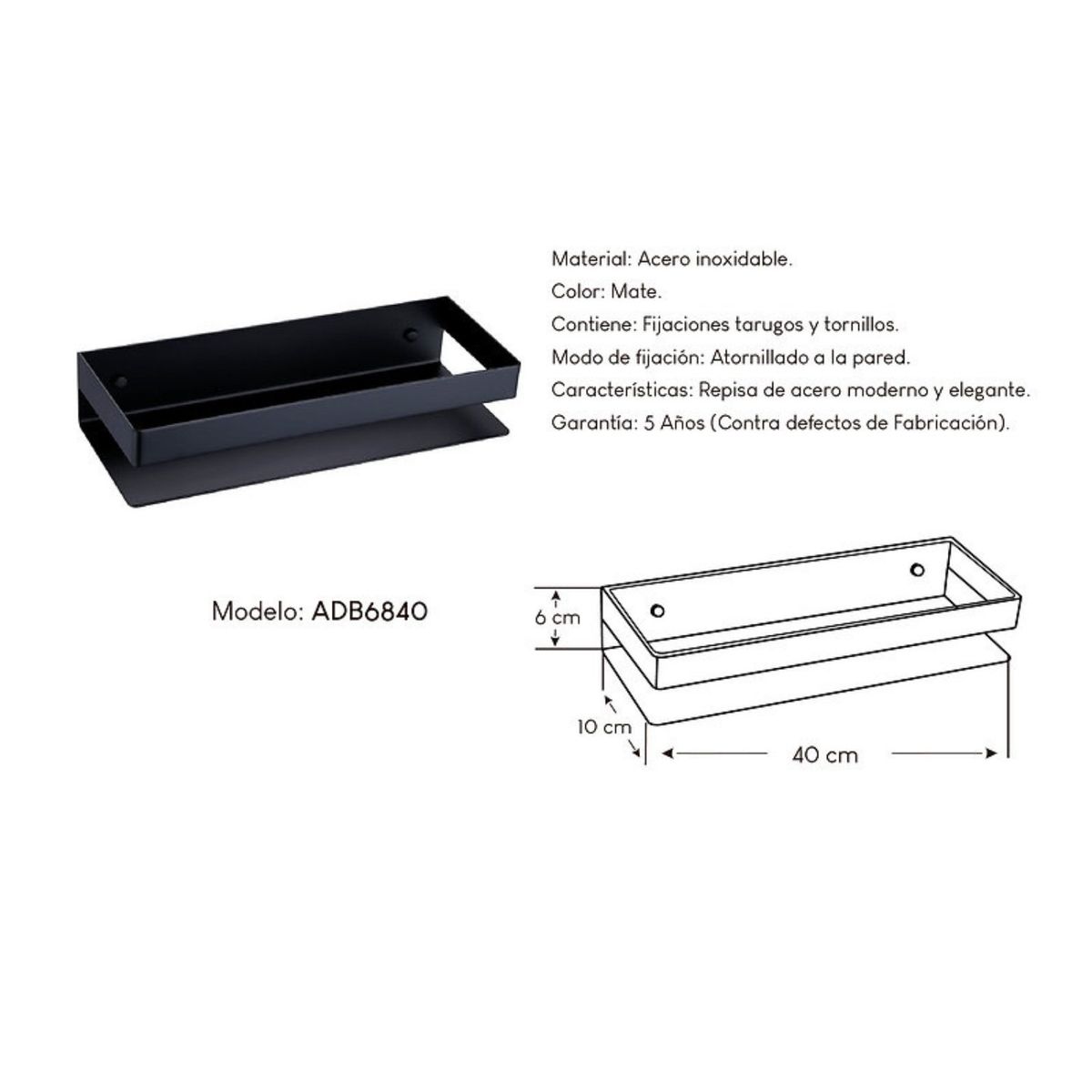 GENERICO - Repisa para cocinas o baños Negro MateADB6840 40cm