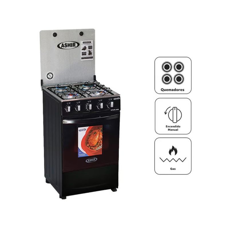 ASHIR - COCINA A GAS ASHIR 20" 4 QUEMADORES STAR-20B NEGRO
