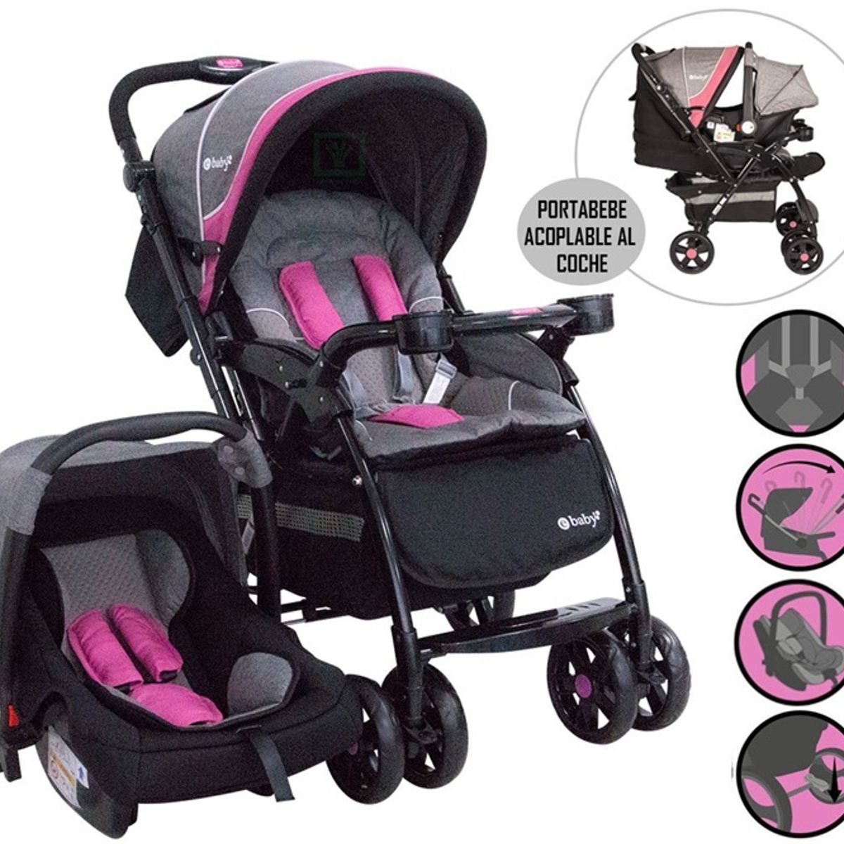 EBABY - Coche con porta bebe braviar  4 EN 1 1092 Rosado