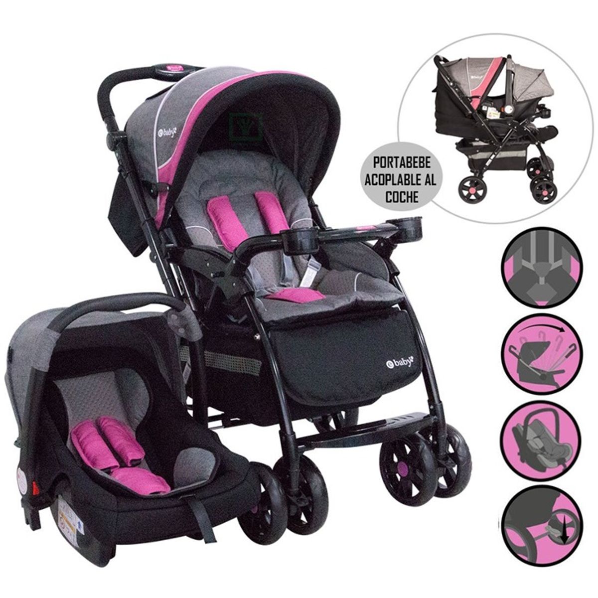 EBABY - Coche con porta bebe braviar  4 EN 1 1092 Rosado