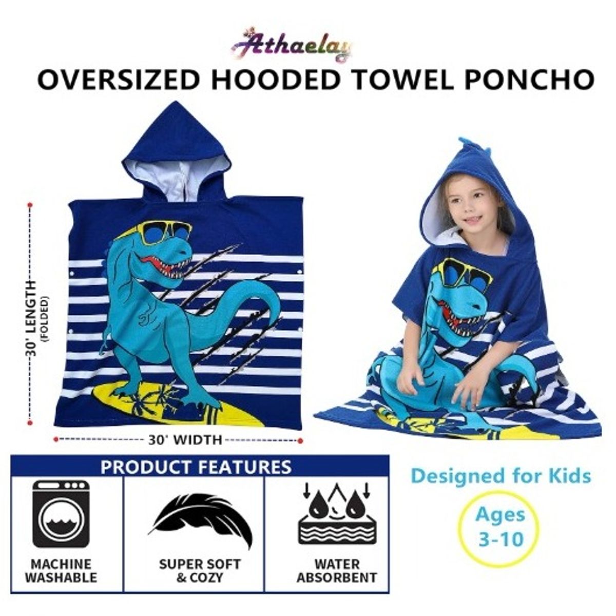 GENERICO - Toalla de Baño Tipo Capa con Capucha dino para Niños Verano