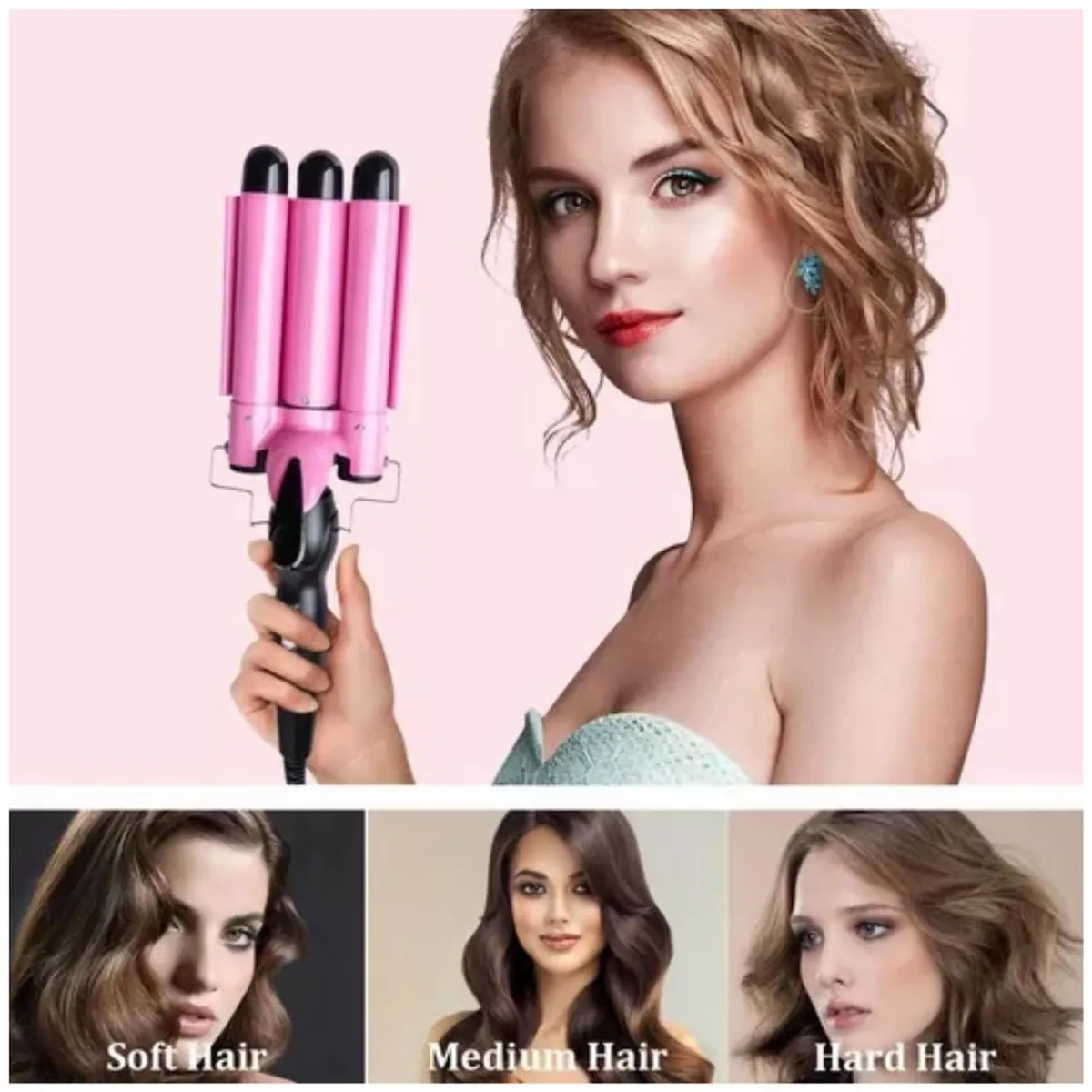 GENERICO - Rizador Profesional Ondulador de 3 Barriles para Cabello - Rosa - M
