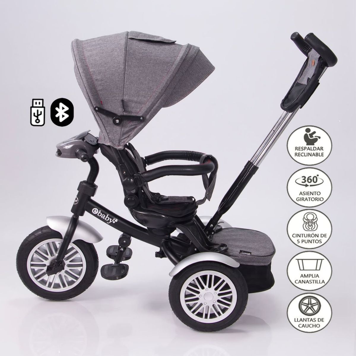 EBABY - Triciclo Guiador Ebaby "ZOE" USB 360 Gris