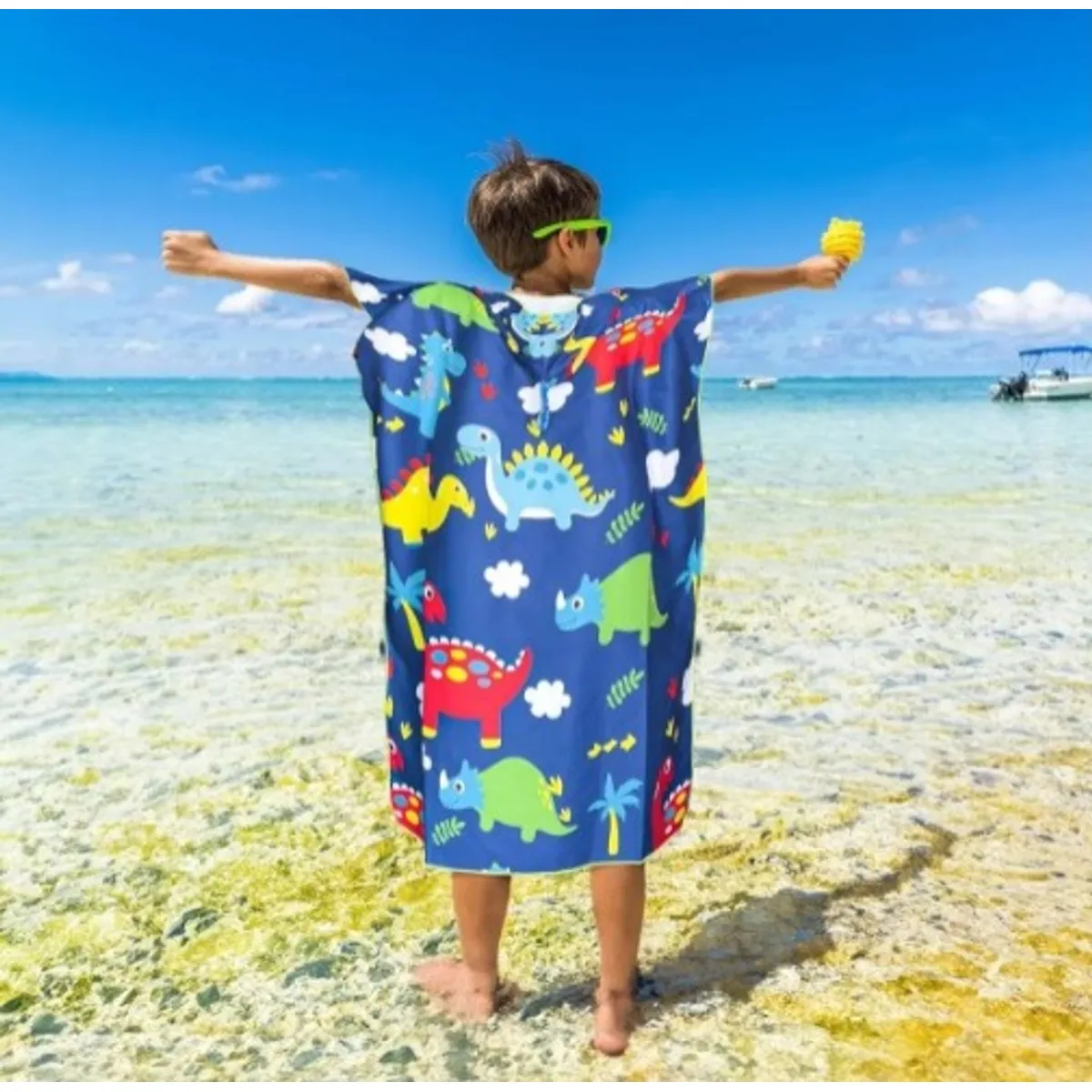 GENERICO - Salida de Baño Tipo Capa con Capucha Dino para Niños Verano