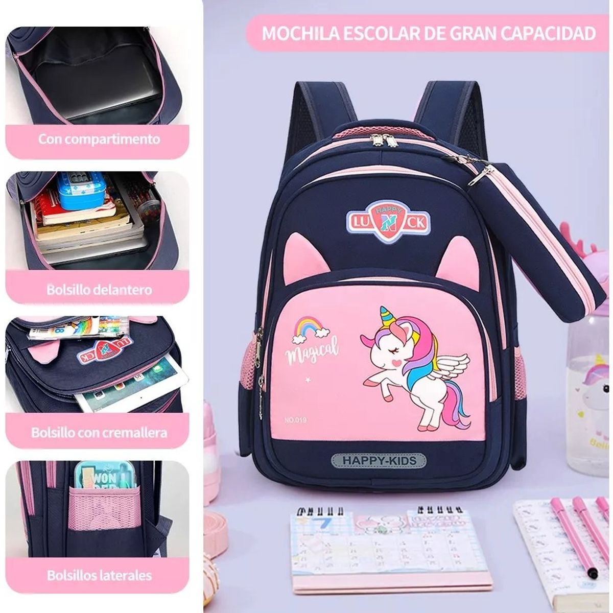 GENERICO - Makeway - Mochila unicornio con cartuchera niñas