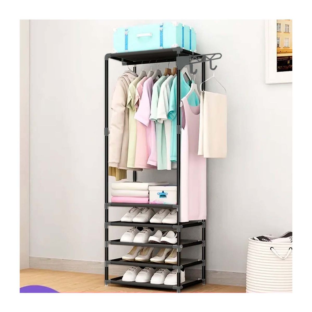 GENERICO - ORGANIZADOR DE ROPA NEGRO TIPO PERCHERO Y ZAPATERA ARMARIO