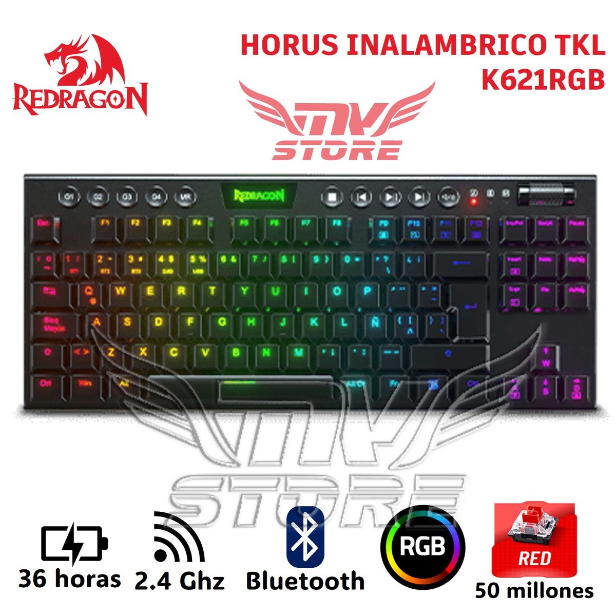 REDRAGON - Teclado Mecanico Inalambrico TKL Redragon Horus Negro K621 RGB