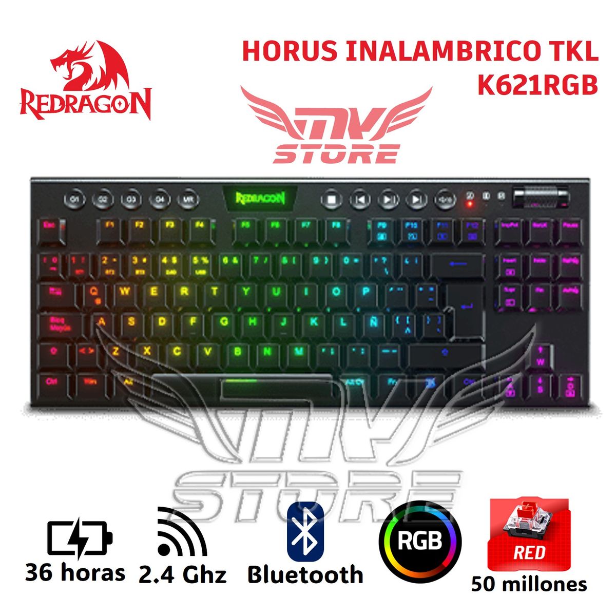 REDRAGON - Teclado Mecanico Inalambrico TKL Redragon Horus Negro K621 RGB