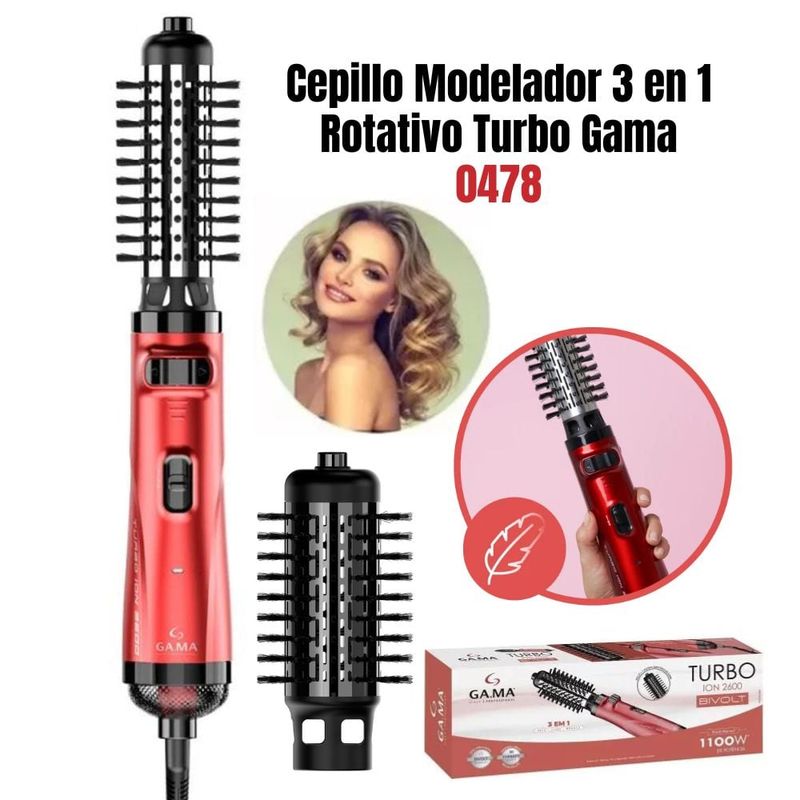 GAMA - Cepillo Modelador Gama 3 en 1 Rotativo Turbo -Rojo
