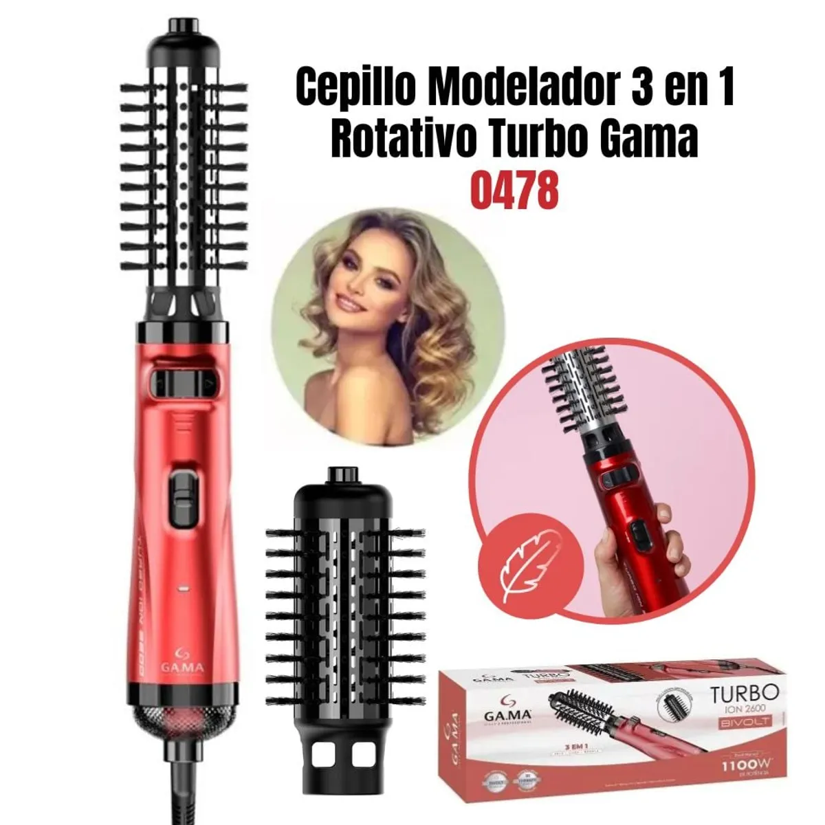 GAMA - Cepillo Modelador Gama 3 en 1 Rotativo Turbo -Rojo