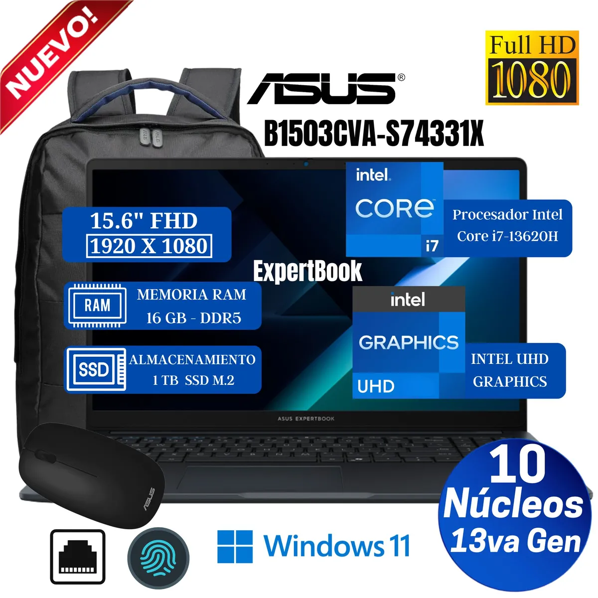 ASUS - Laptop Asus Expertbook B1503CVA-S74331X 15.6” FHD, Intel Core i7-13620H, Ram 16GB, Ssd 1 TB, Win 11