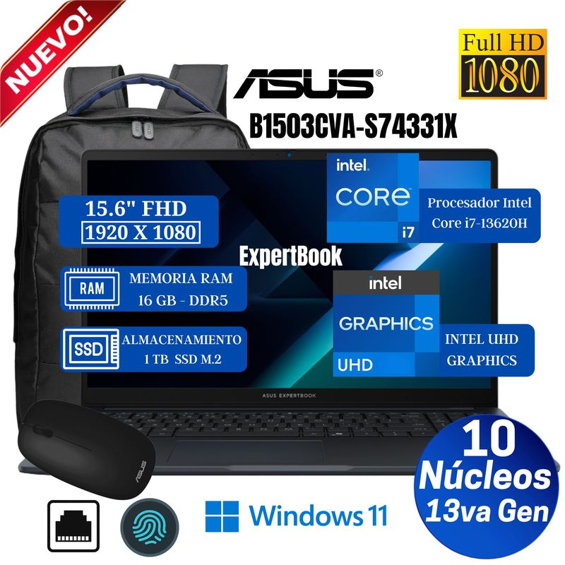 ASUS - Laptop Asus Expertbook B1503CVA-S74331X 15.6” FHD, Intel Core i7-13620H, Ram 16GB, Ssd 1 TB, Win 11