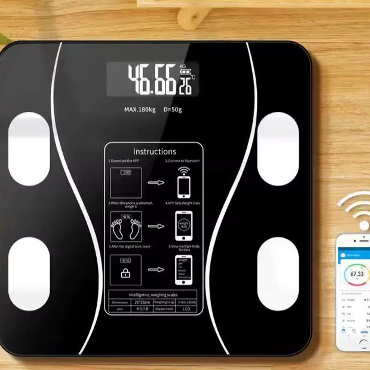 OEM - BALANZA DIGITAL BLUETOOTH CAPACIDAD 180 KG – A PILAS - NEGRO