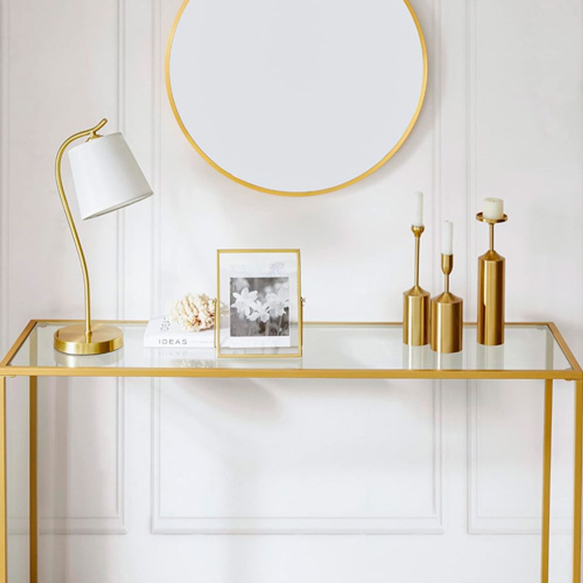 GENERICO - Mesa de Recibidor Moderna con Vidrio Templado y Estructura Dorada