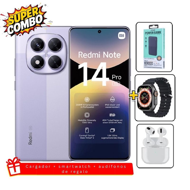XIAOMI - Xiaomi Redmi Note 14 Pro 5G 256GB Purpura + Cargador 10000mAh + Smartwatch + Audifonos