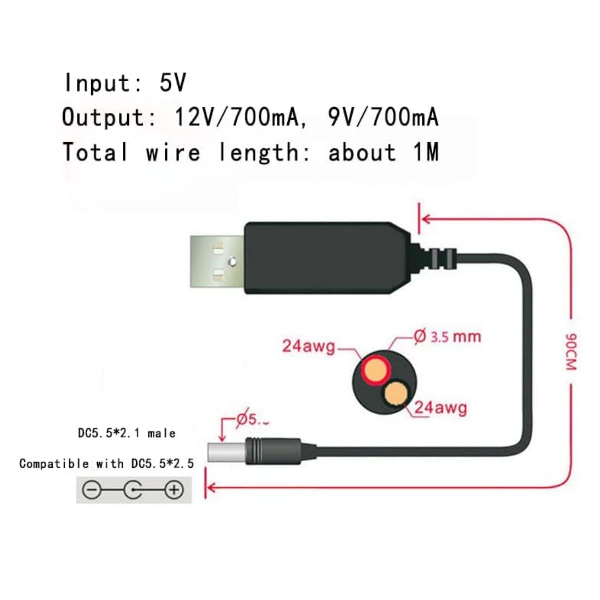 SEISA - Cable Adaptador Converitor Extensor de Red USB A DC 5V 9V 12V