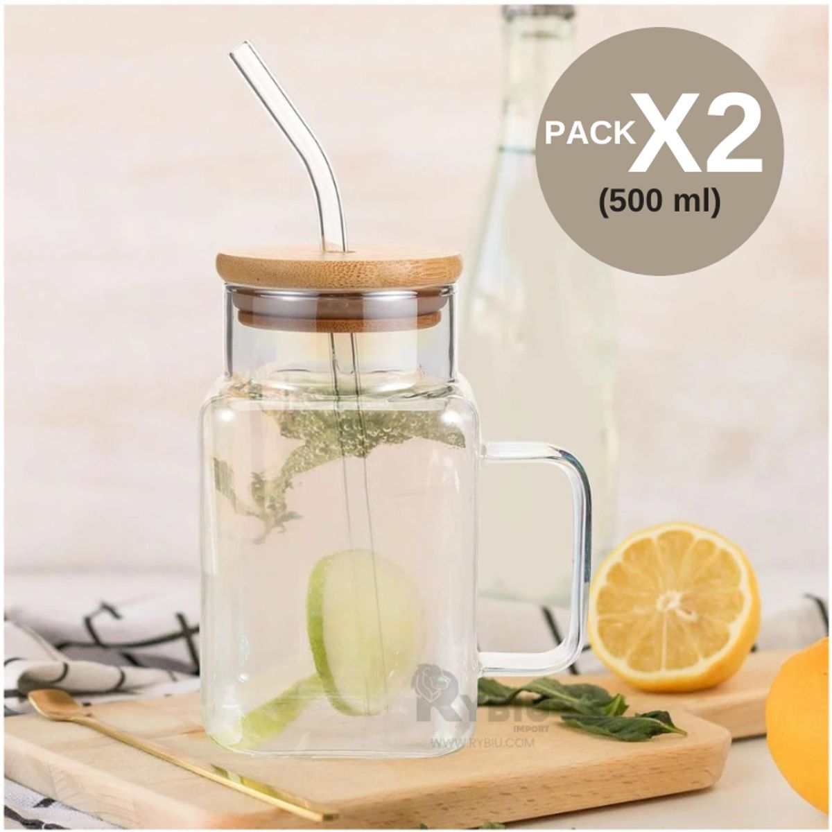 GENERICO - PACK X2 VASOS DE VIDRiO CON TAPA DE BAMBU Y CAÑA 500ML
