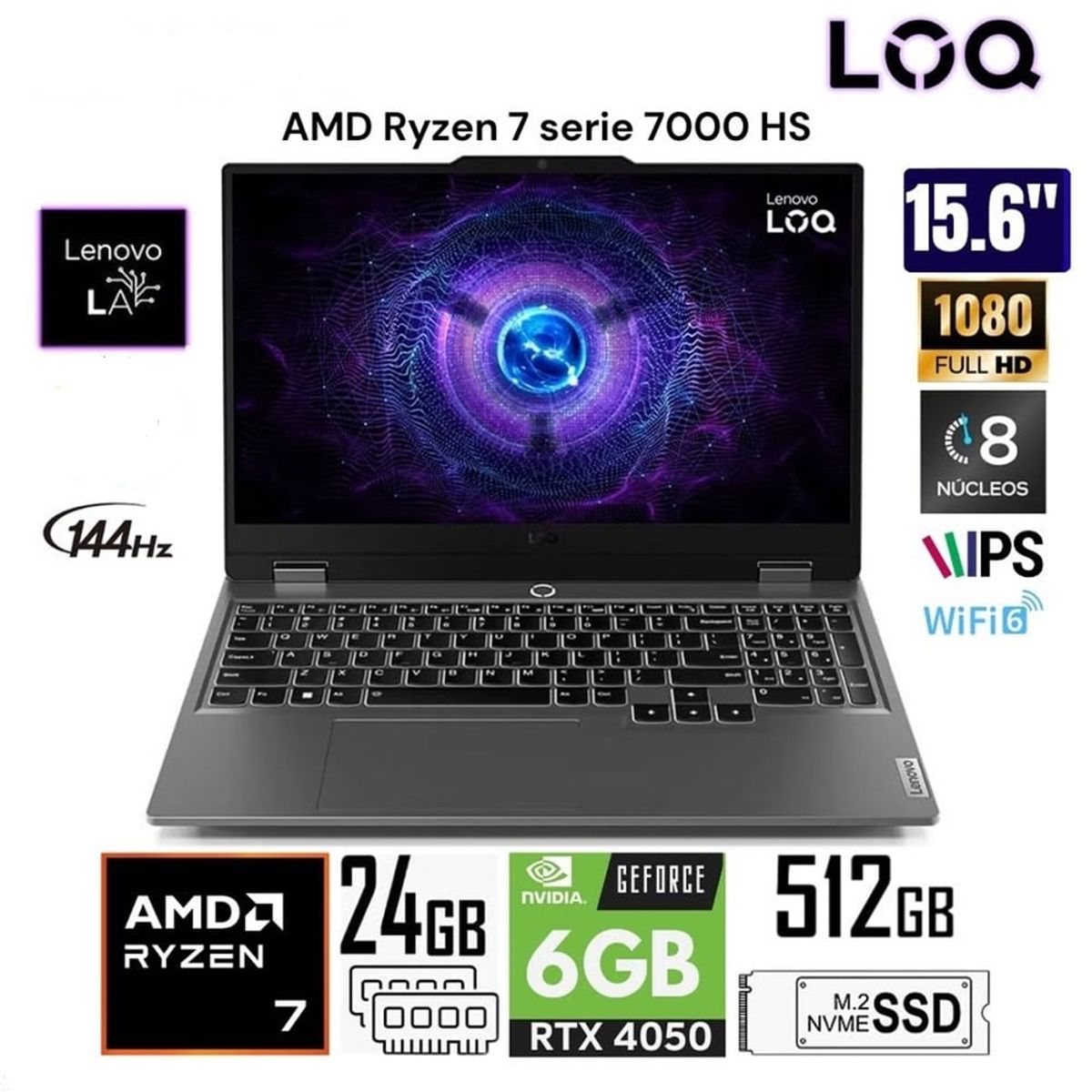 LENOVO - Lenovo LOQ 15ARP9 15.6'' FHD AMD Ryzen 7 7435HS 24GB DDR5 512GB SSD RTX 4050 6GB GDDR6 Free DOS