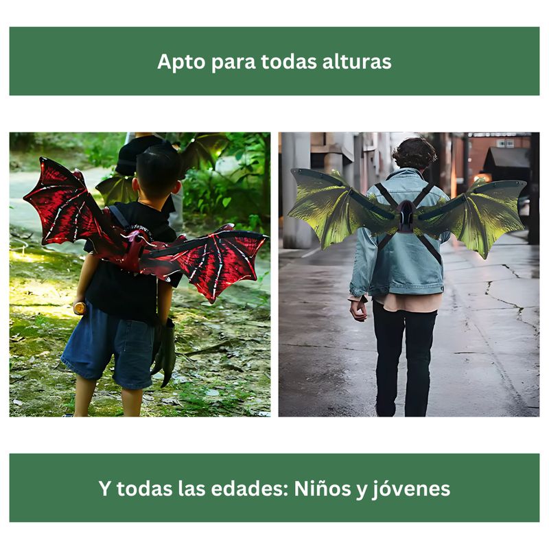 GENERICO - Alas de Dinosaurio Verde con LED sonido y movimiento