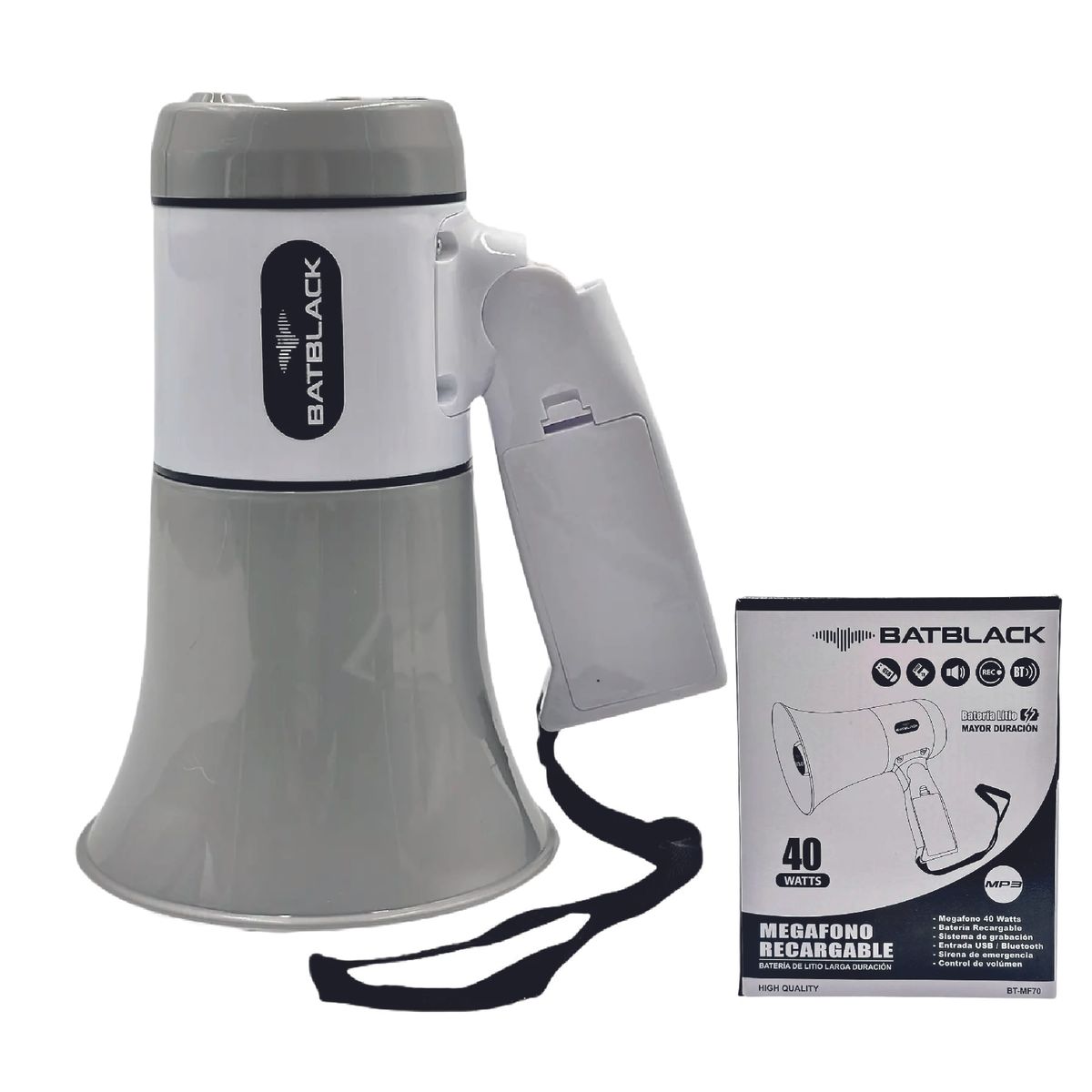 BATBLACK - Megafono Recargable 40 W Alcance 500 Mts