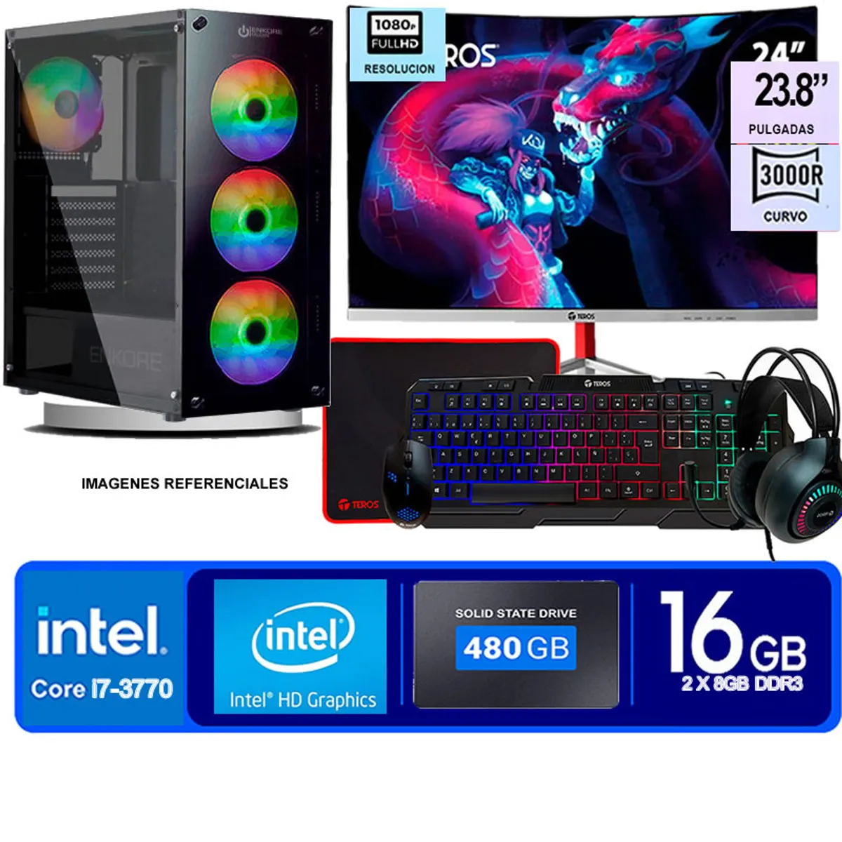 ENKORE - Computadora Pc Intel Core i7 3770  Monitor 24 fhd' RAM 16 GB SSD 480  GB