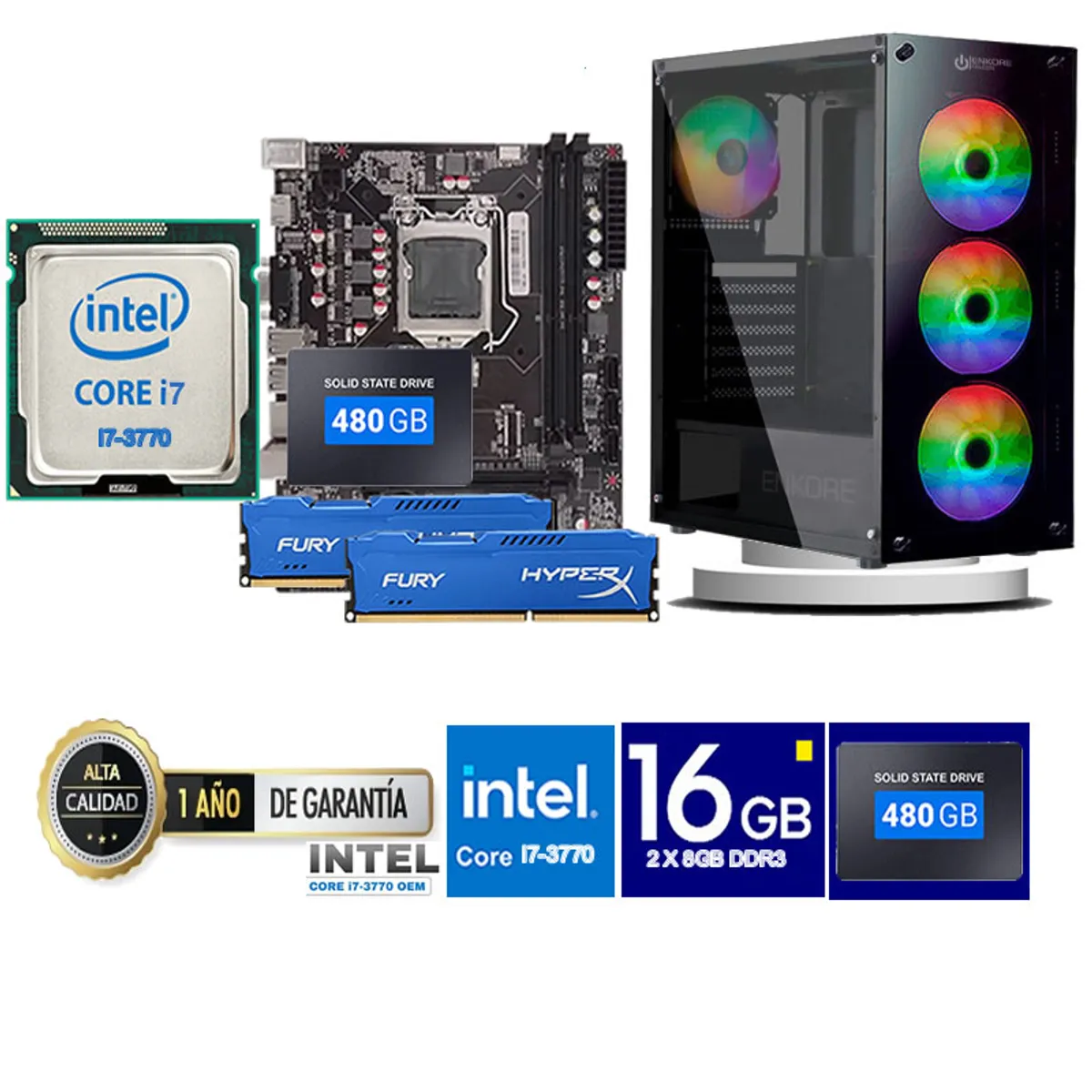 ENKORE - Computadora Pc Intel Core i7 3770  Monitor 24 fhd' RAM 16 GB SSD 480  GB