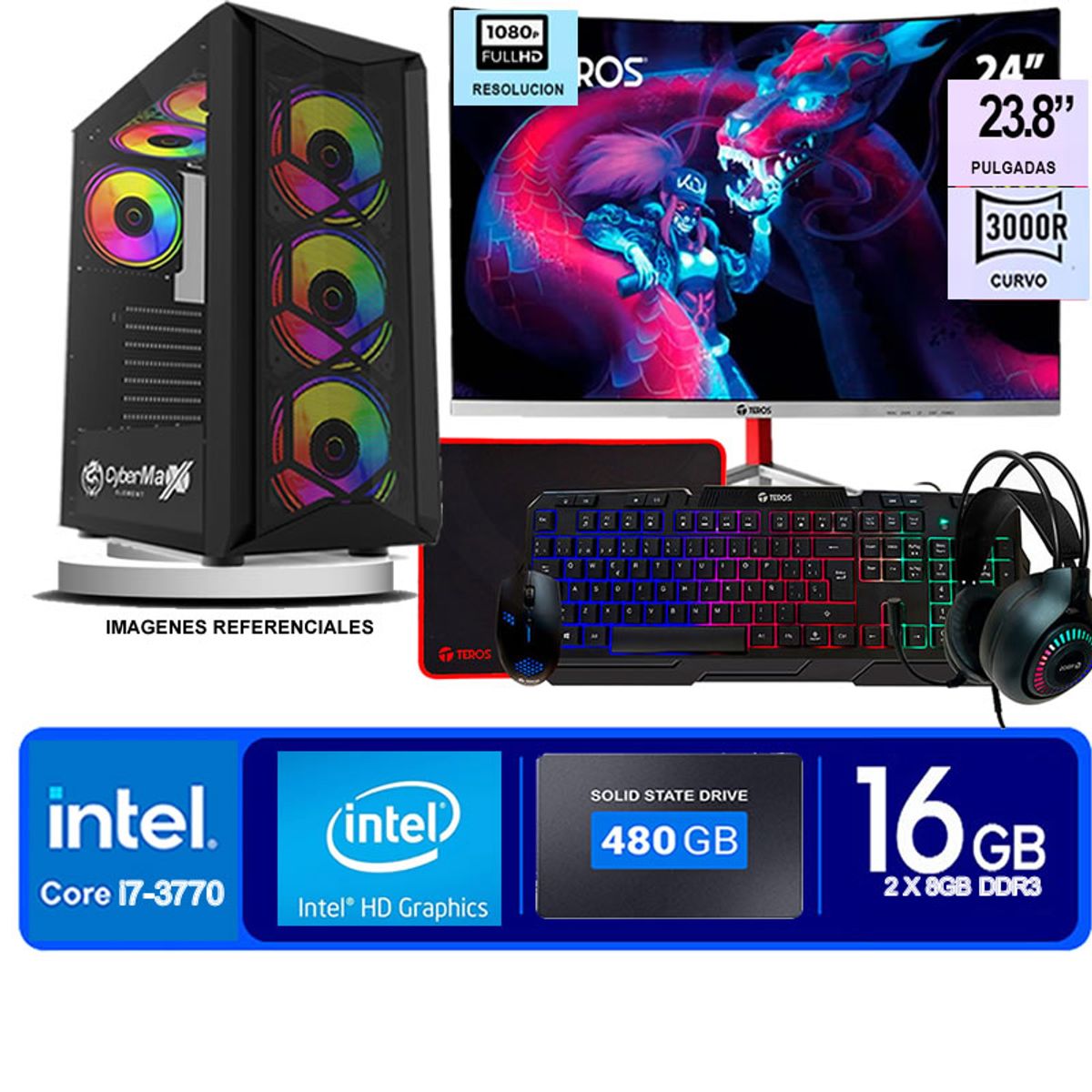 ENKORE - Computadora Pc Intel Core i7 3770  Monitor 24 fhd' RAM 16 GB SSD 480  GB