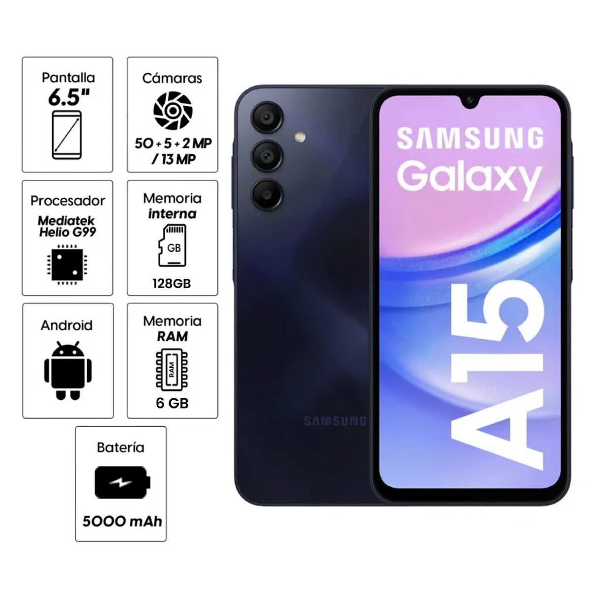 SAMSUNG - Celular Samsung Galaxy A15 128GB 6GB ram 50MP frontal 13MP 6,5 Pulg negro azulado