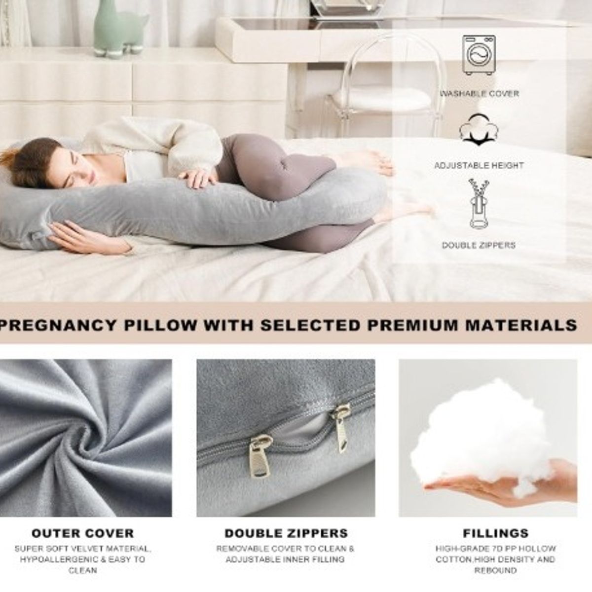 GENERICO - Almohada Multi Postural para Embarazo y Lactancia Plomo