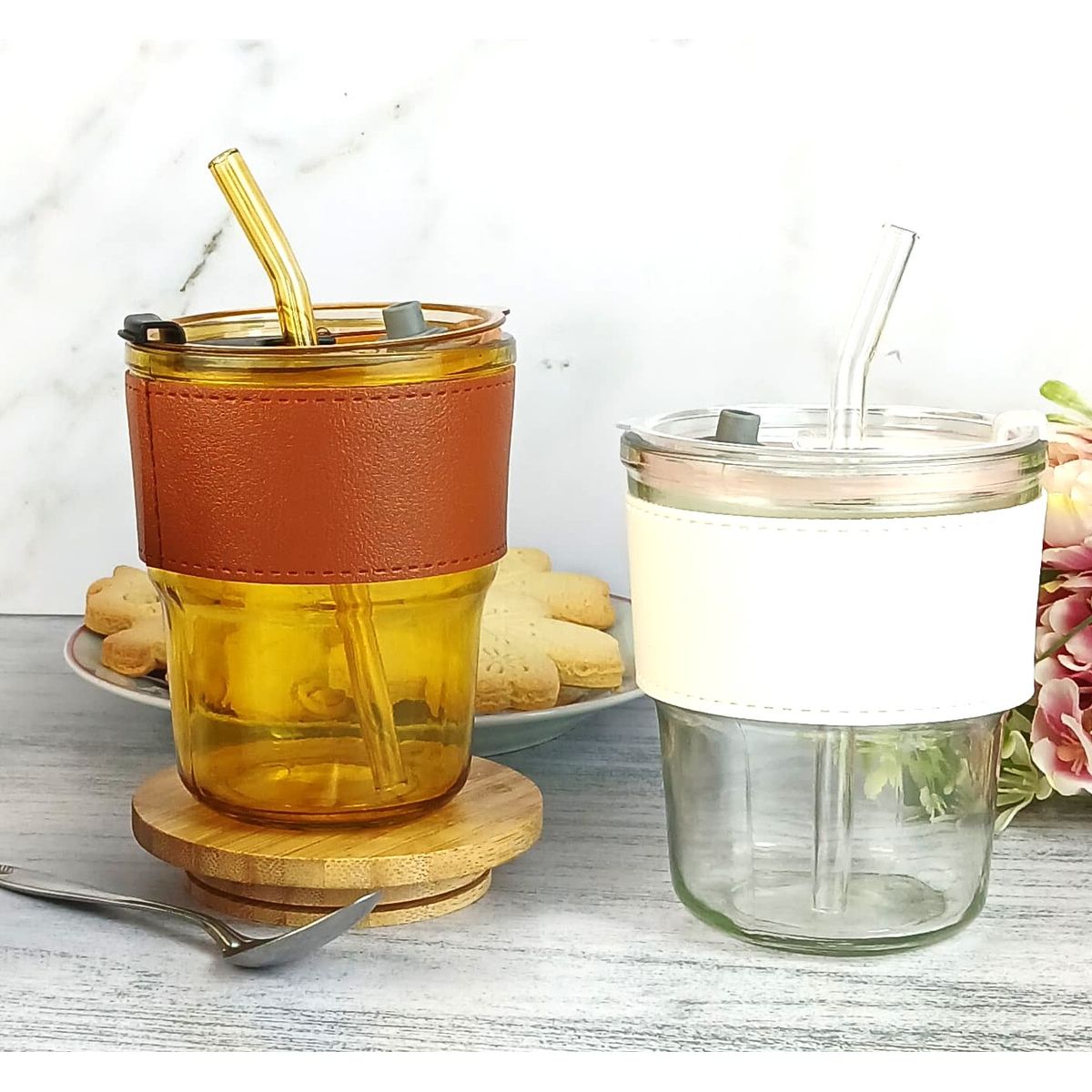 GENERICO - Taza de Vidrio  con sorbete 400 ml Marrón