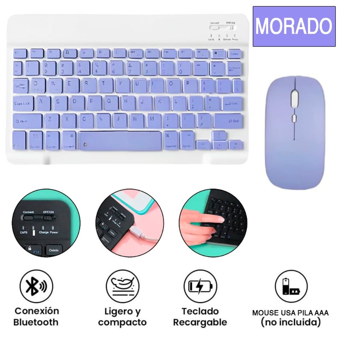 GENERICO - Kit Teclado Y Mouse Bluetooth Morado Recargable Pc Tablet  iPad Morado