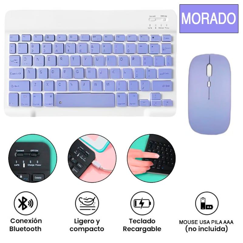 GENERICO - Kit Teclado Y Mouse Bluetooth Morado Recargable Pc Tablet  iPad Morado