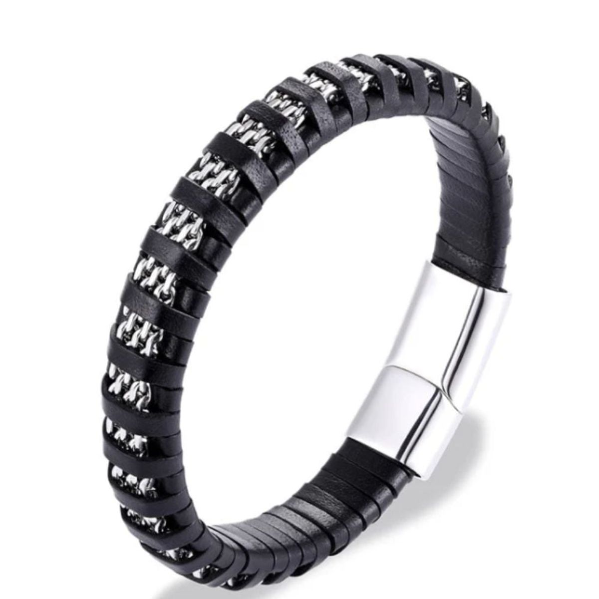 GENERICO - Pulsera de doble cadena cuero genuino trenzado para hombre color negro